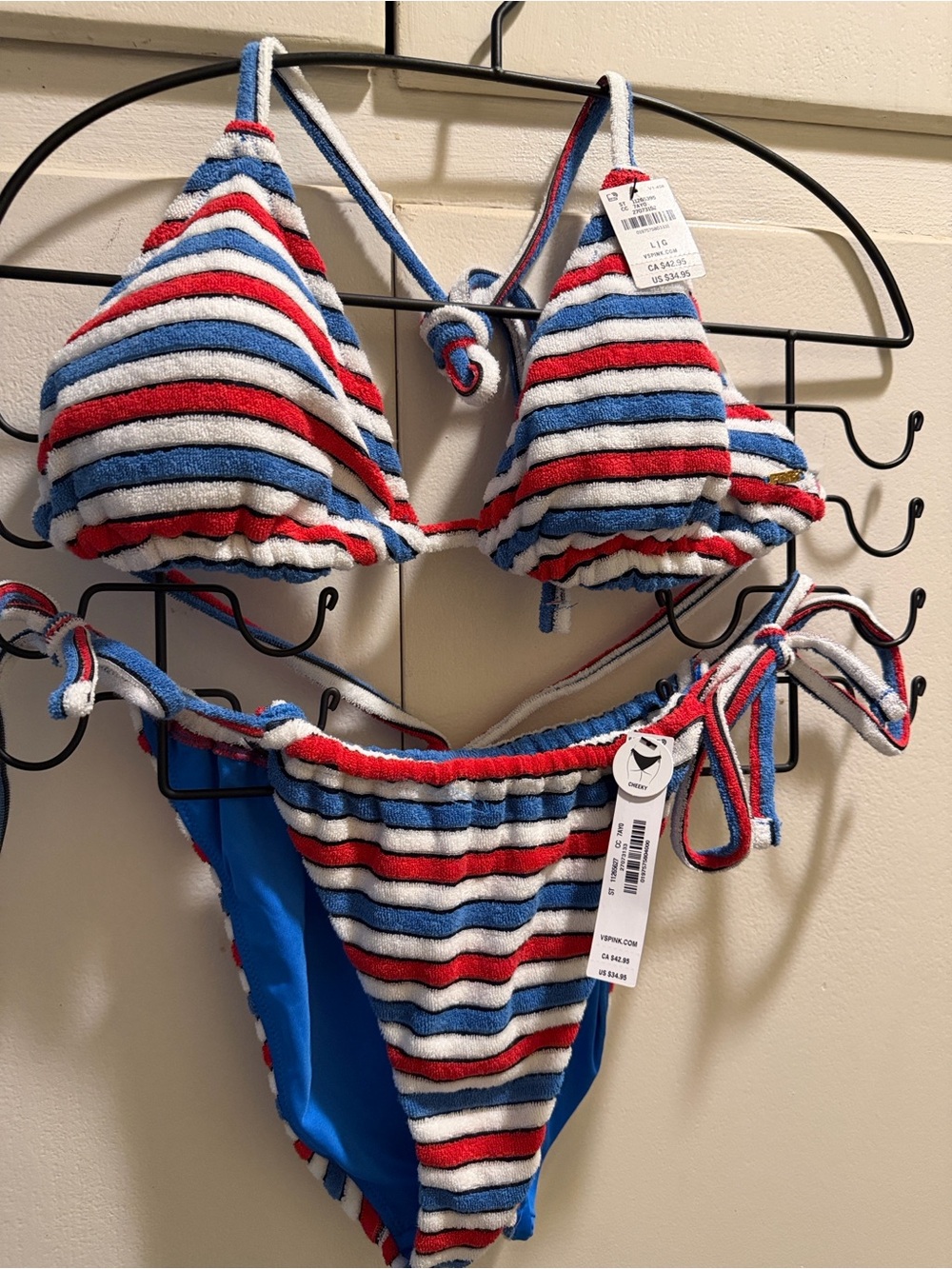 PINK Victoria's Secret Red, White & Blue Striped Trian Bikini. Lar top,Med Botto